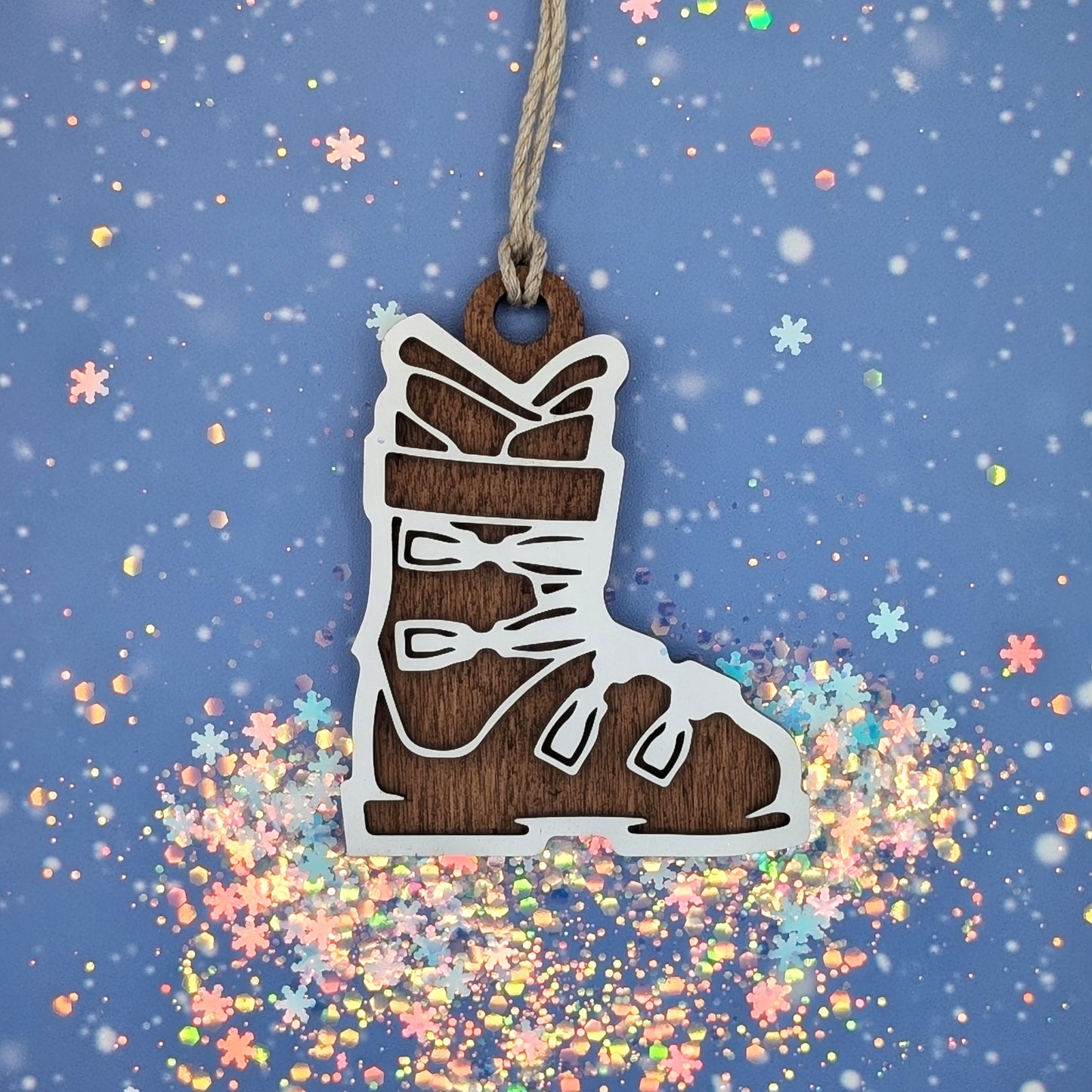 Ski Boot Wooden Christmas Ornament, Mountain Skiing boot