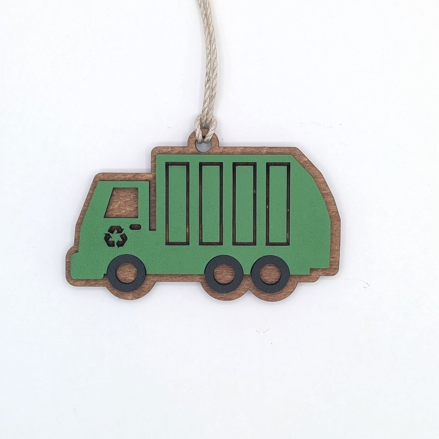 Trash Truck Wooden Christmas Ornament, Recycling Garbage Truck Ornaments