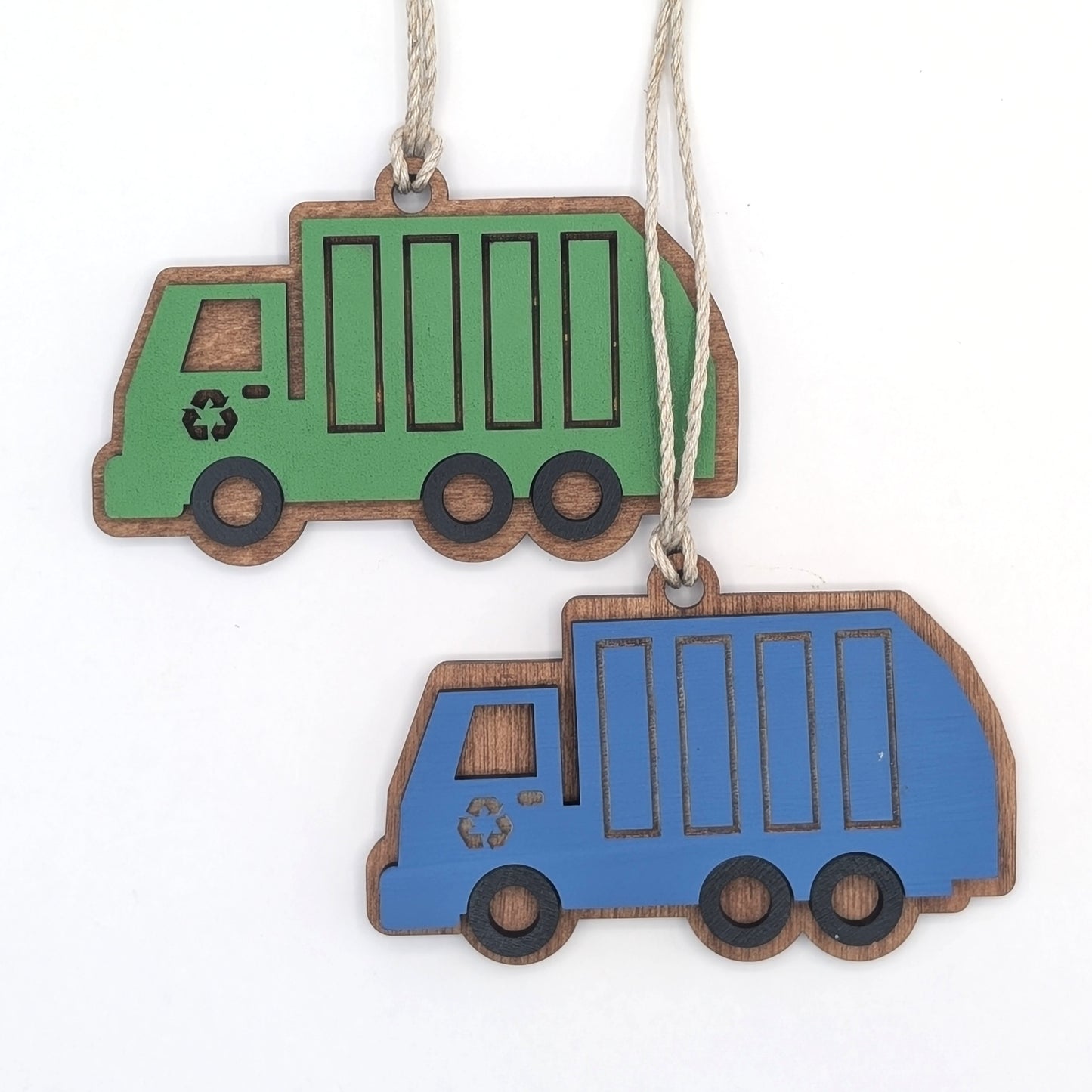 Trash Truck Wooden Christmas Ornament, Recycling Garbage Truck Ornaments