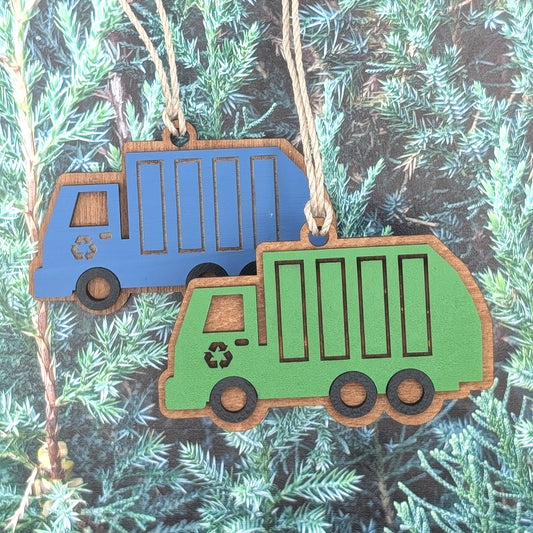 Trash Truck Wooden Christmas Ornament, Recycling Garbage Truck Ornaments