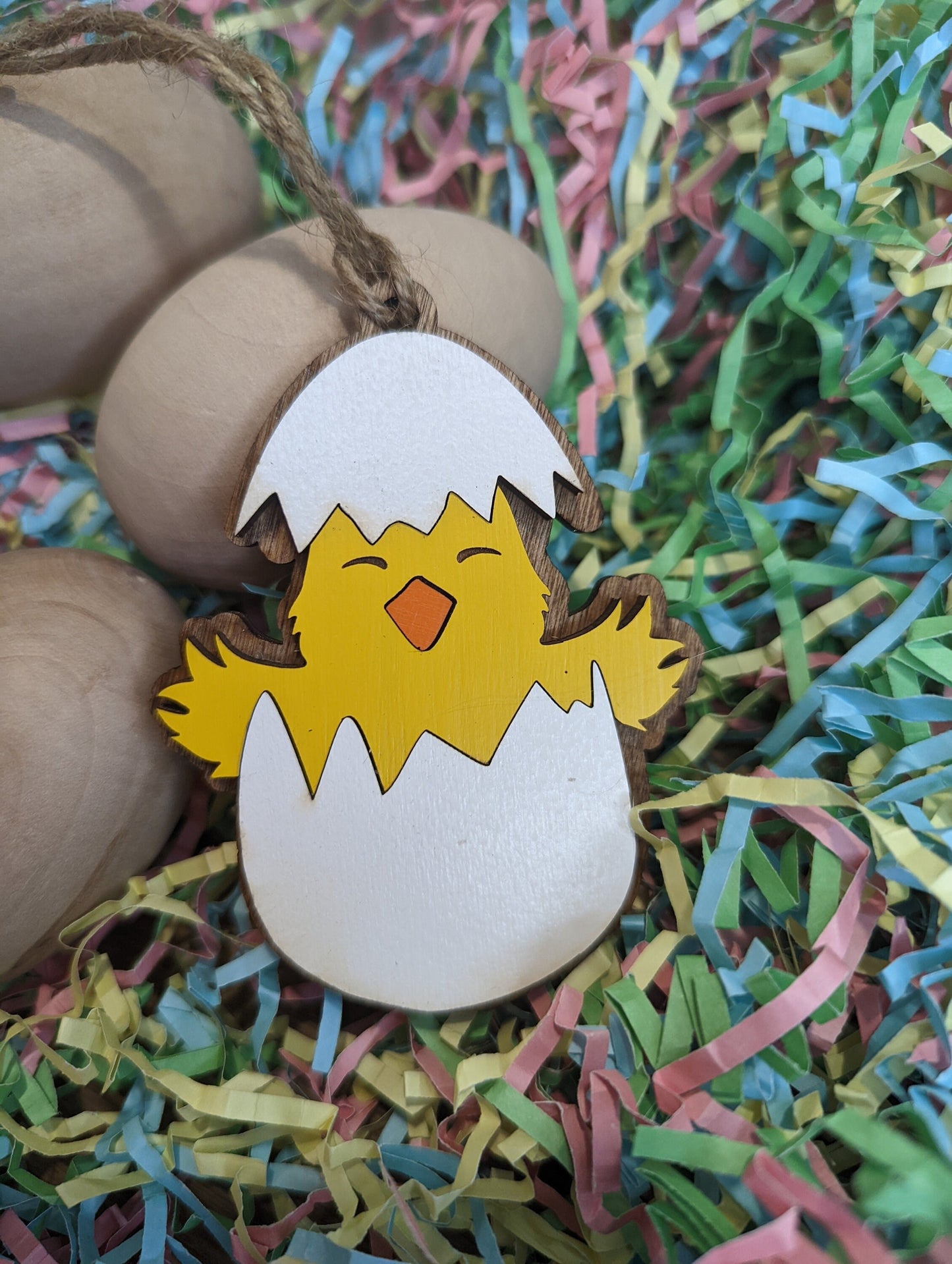 Baby Chick hatching Ornament, Wooden yellow chick, Personalize the shell with name and year