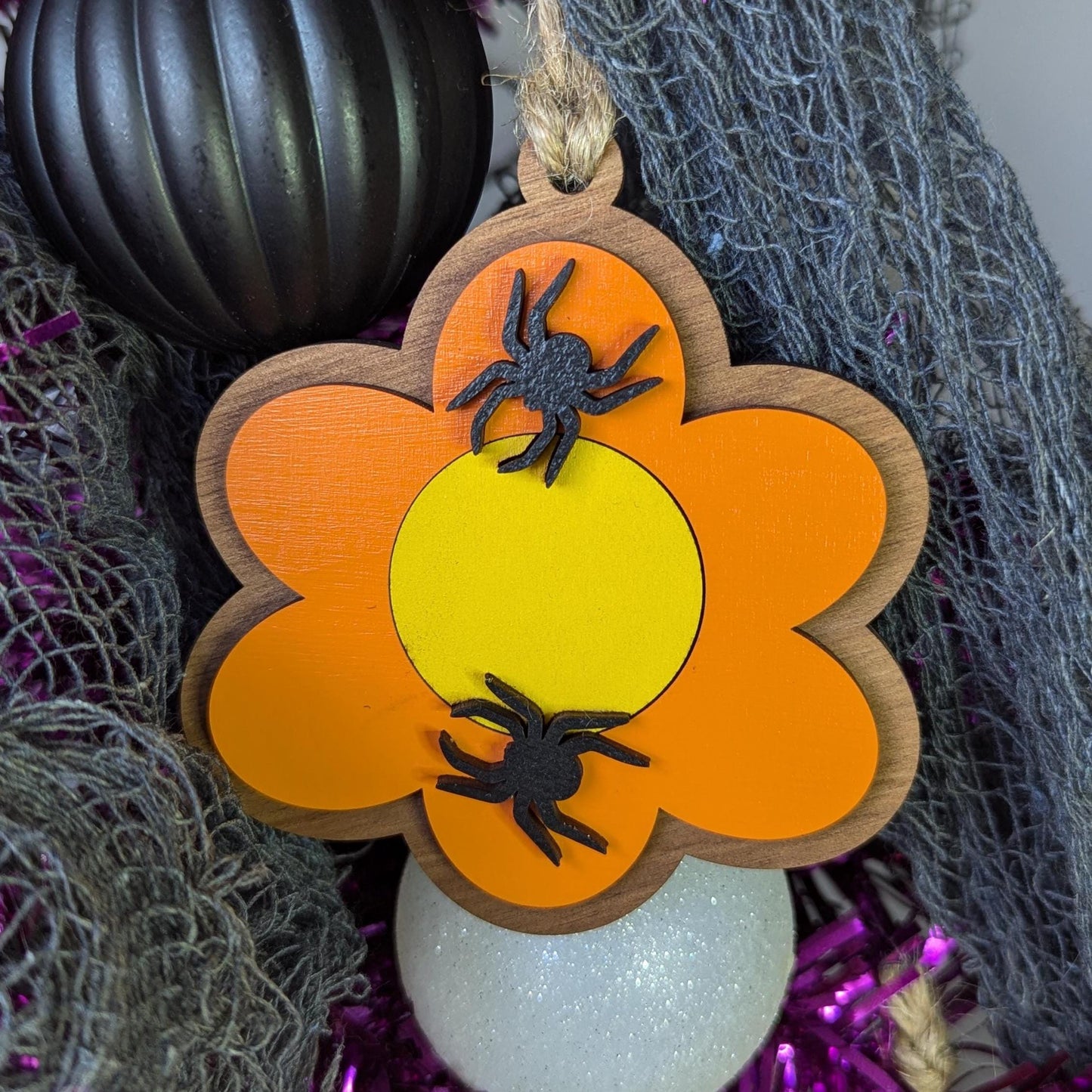 Orange Flower with Spiders Halloween Ornament, Wooden Cute Spooky Ghost Ornament