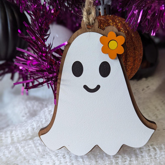 Halloween Ghost with Orange Flower Ornament, Wooden Cute Spooky Ghost Ornament