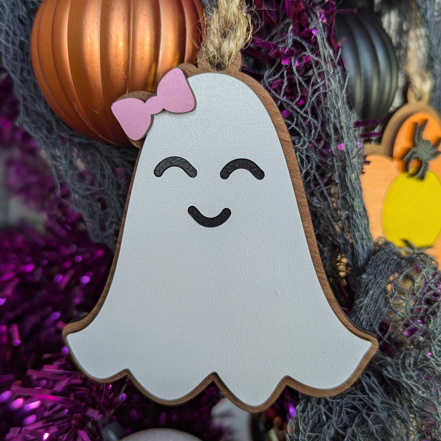 Ghost with Pink Bow Halloween Ornament, Wooden Cute Spooky Ghost Ornament