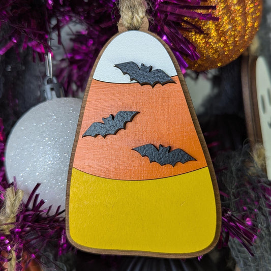 Batty Candy Corn Halloween Ornament, Wooden Cute Spooky Bat and Candy corn Ornament