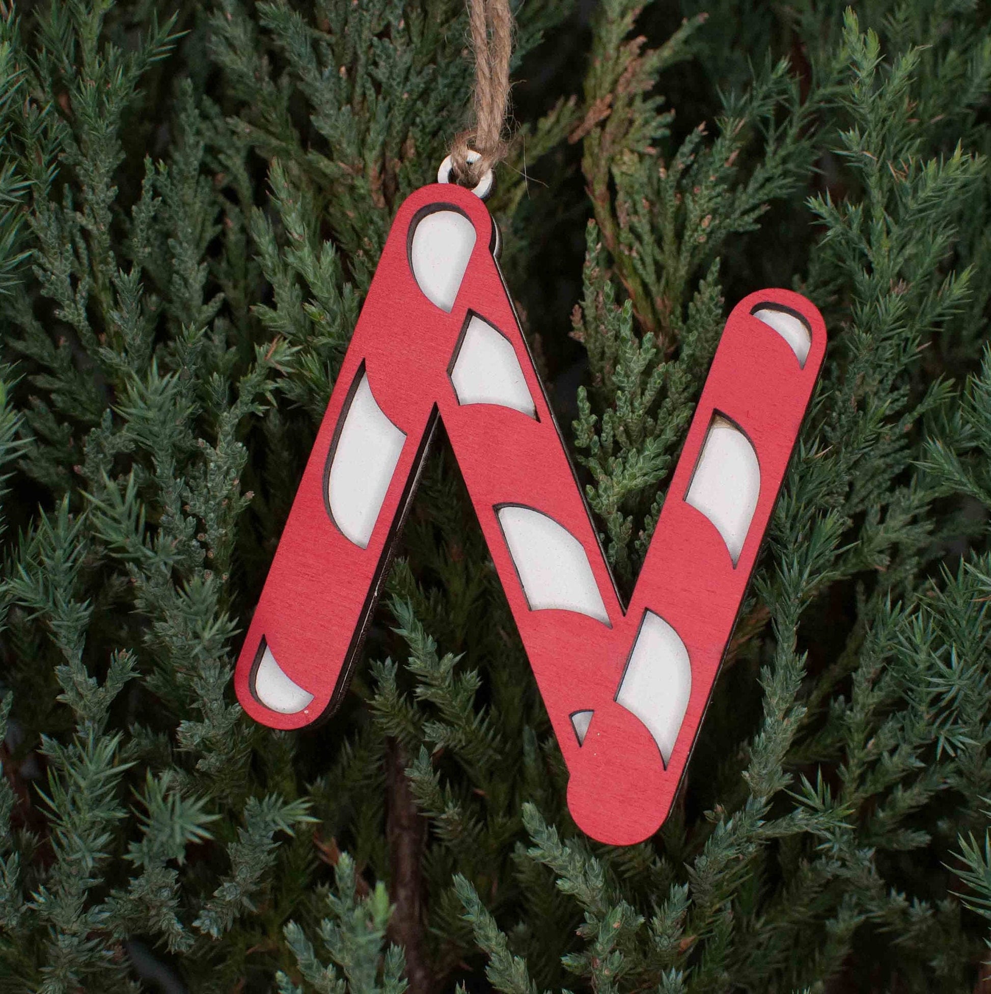 Red and white candy cane letter stocking tags, Monogram Initial Christmas Ornament