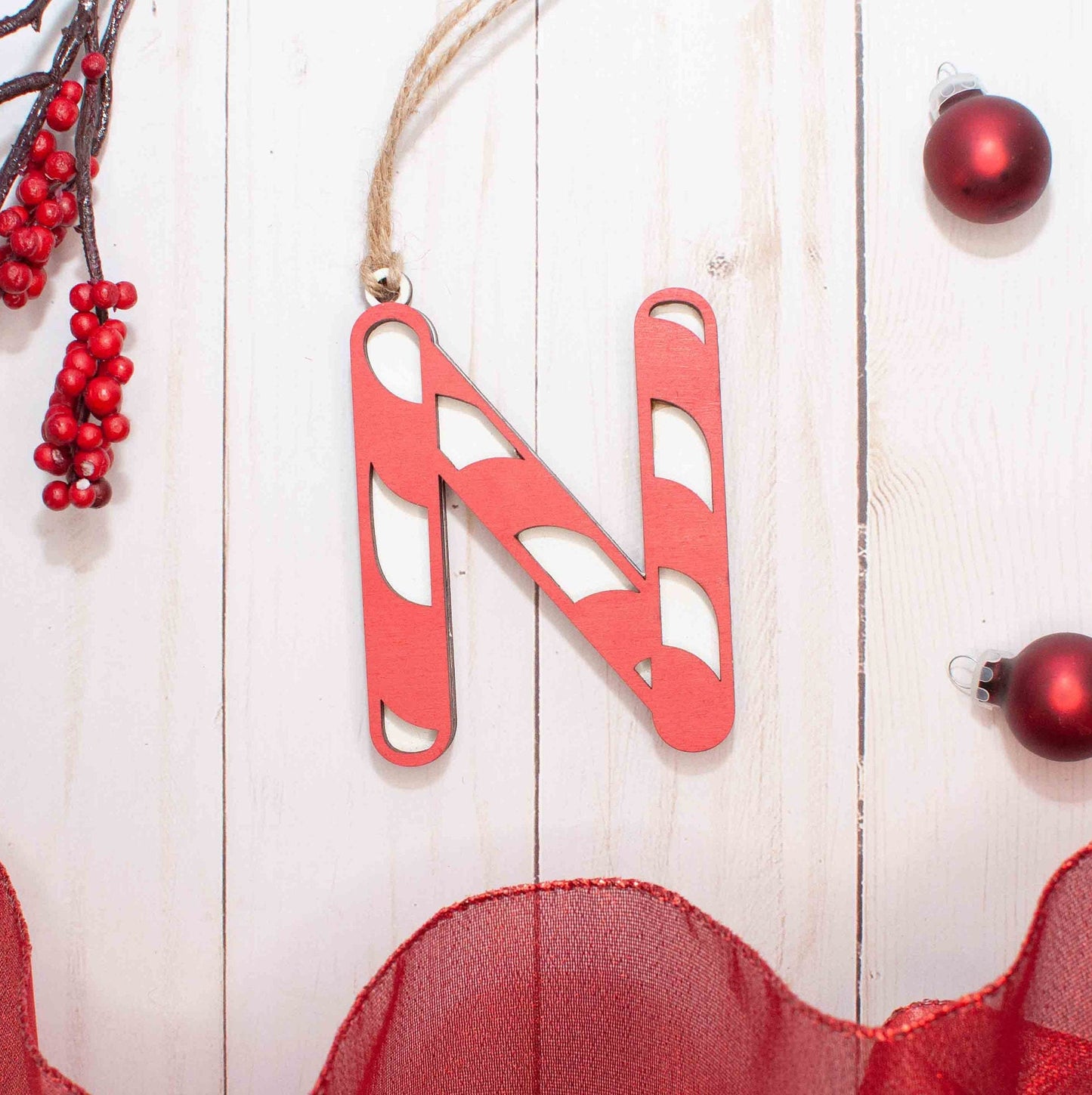 Red and white candy cane letter stocking tags, Monogram Initial Christmas Ornament