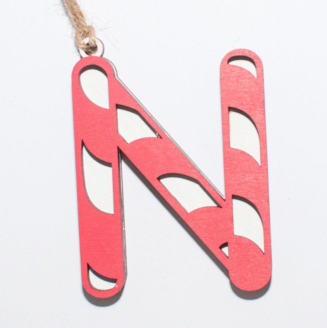 Red and white candy cane letter stocking tags, Monogram Initial Christmas Ornament