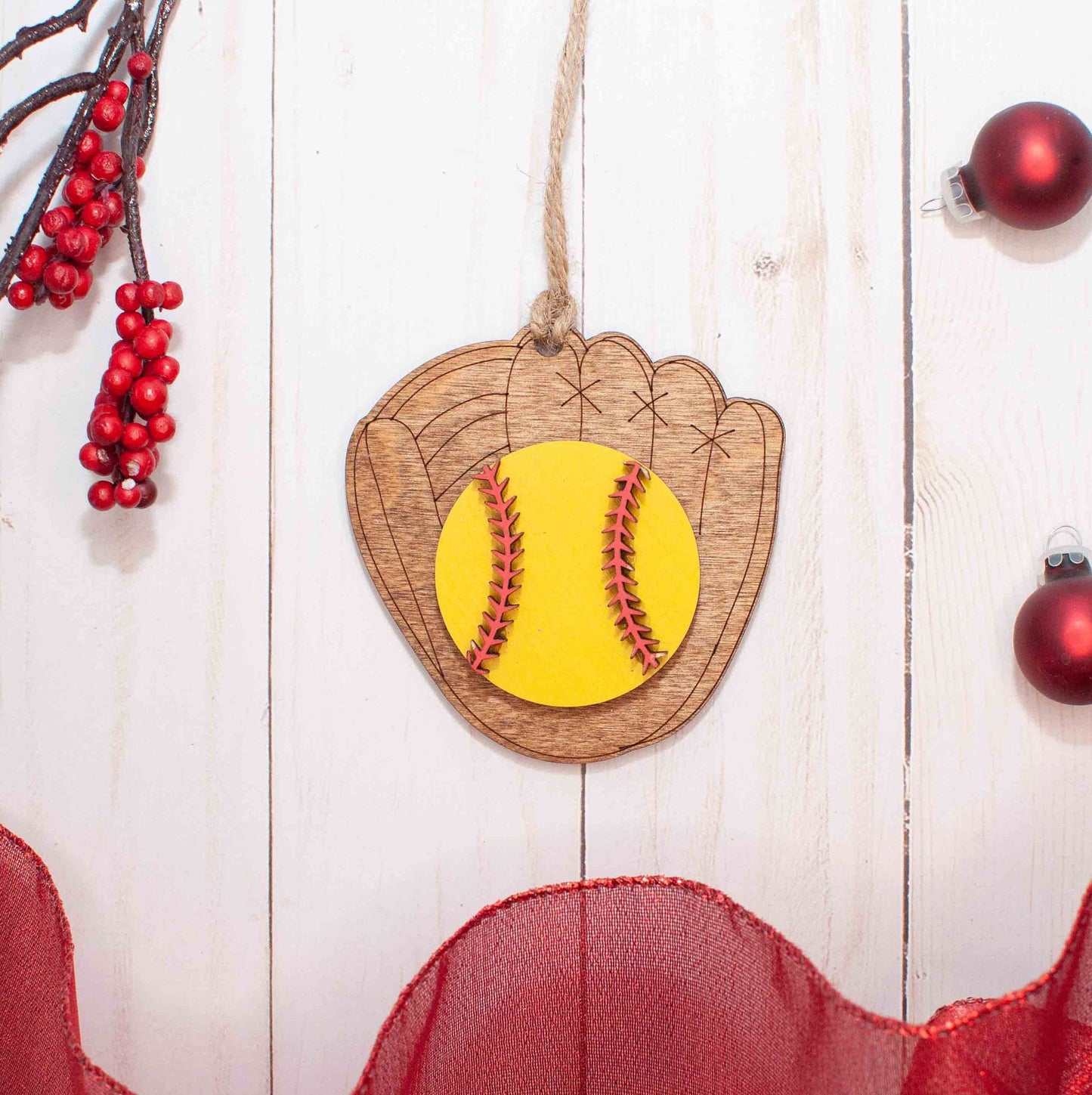 Softball Christmas Ornament, Ball and softball mitten