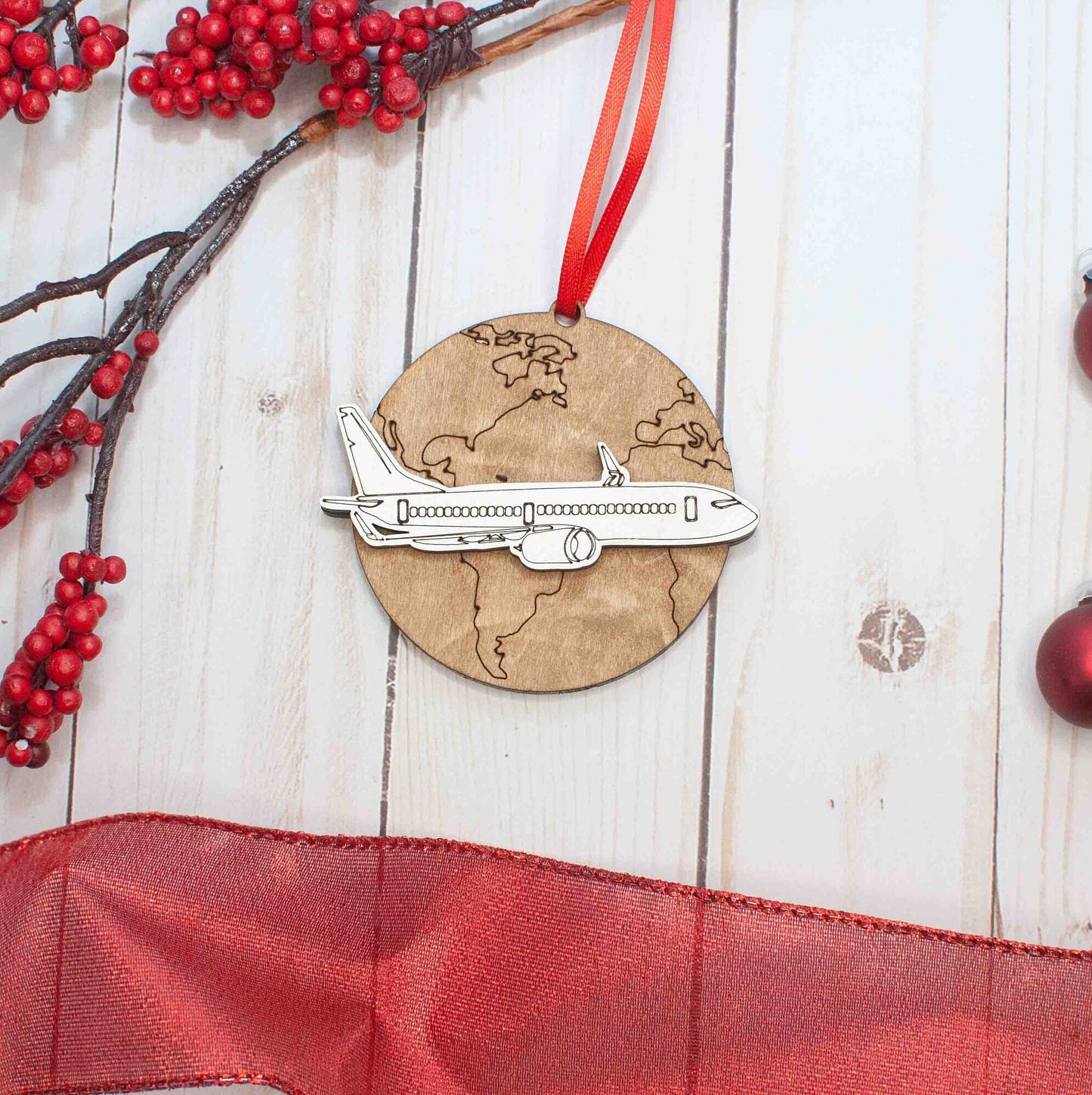 Jet Airplane over World Christmas Ornament, Travel and vacation ornaments