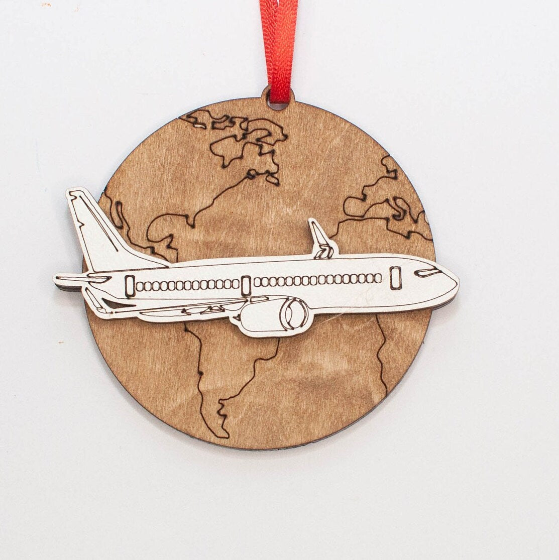 Jet Airplane over World Christmas Ornament, Travel and vacation ornaments