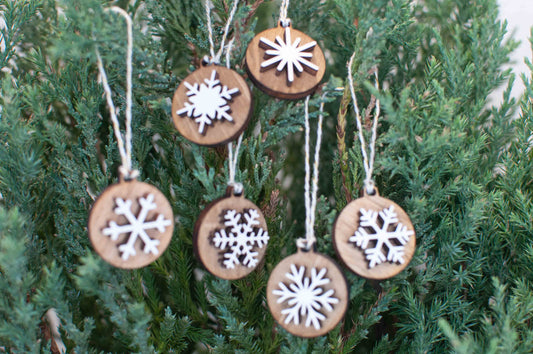 Little Snowflake Christmas Ornament, Small white wooden snowflakes on wood rounds