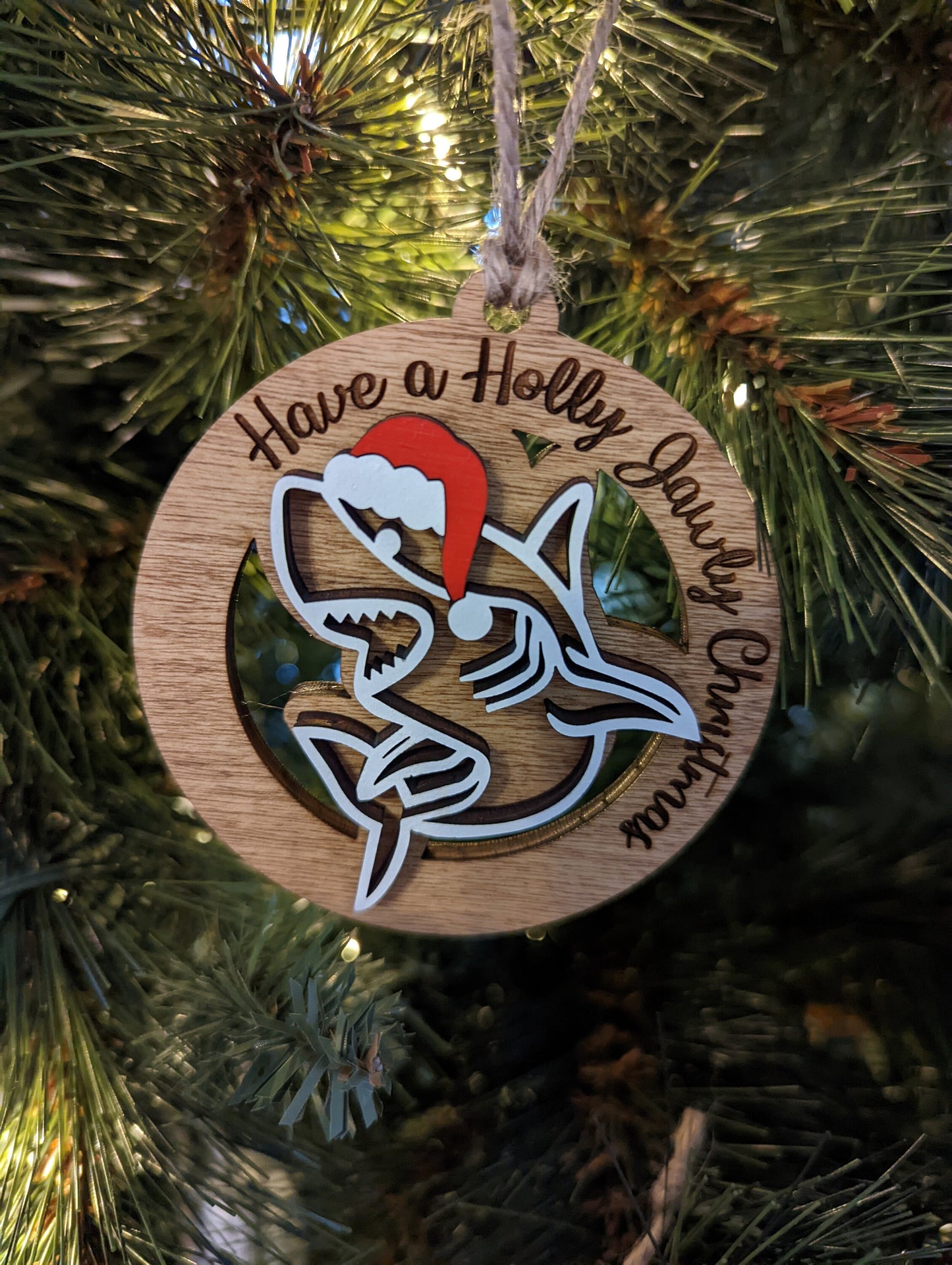 Shark Christmas Ornament, Have A Holly Jawly Christmas Shark wearing a Santa Hat