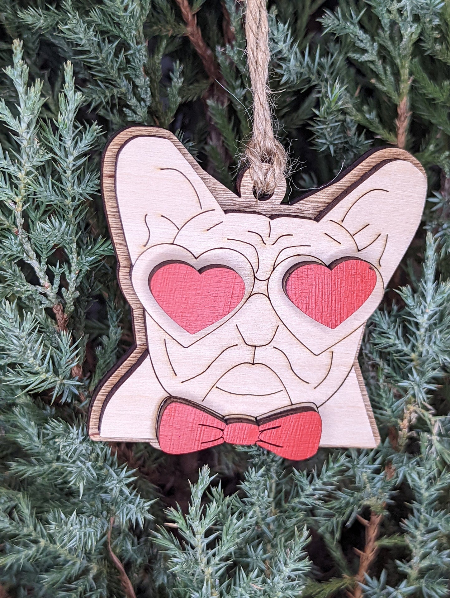 Heart eyes Bull Dog Christmas ornament, puppy love ornaments, Valentines day love basket tag