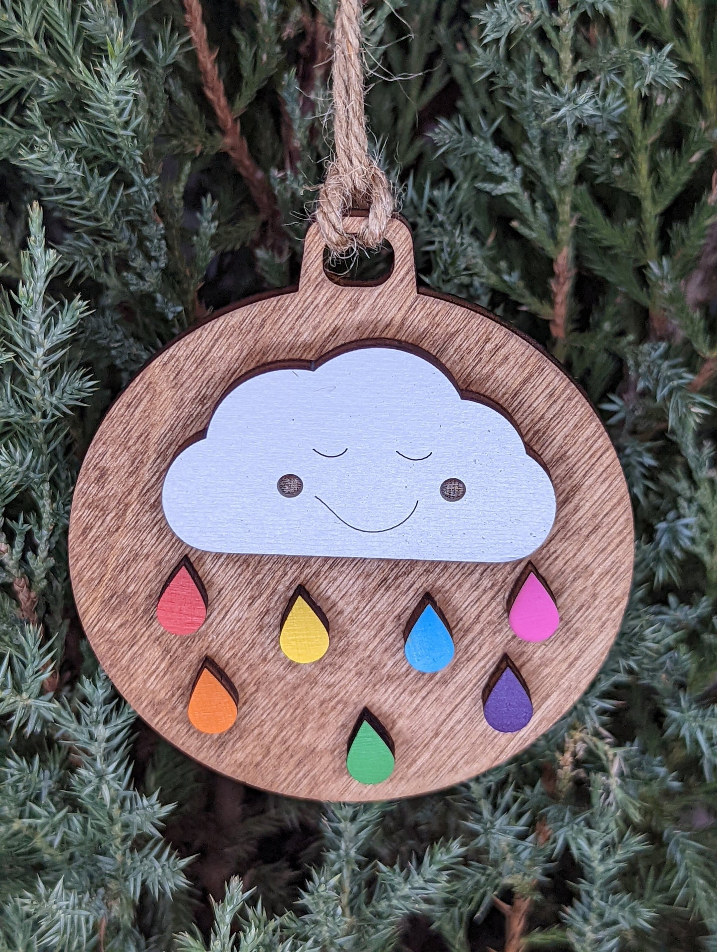 Cloud and Raindrops Christmas Ornament with colorful raindrops, perfect for overcoming, joy or new beginnings