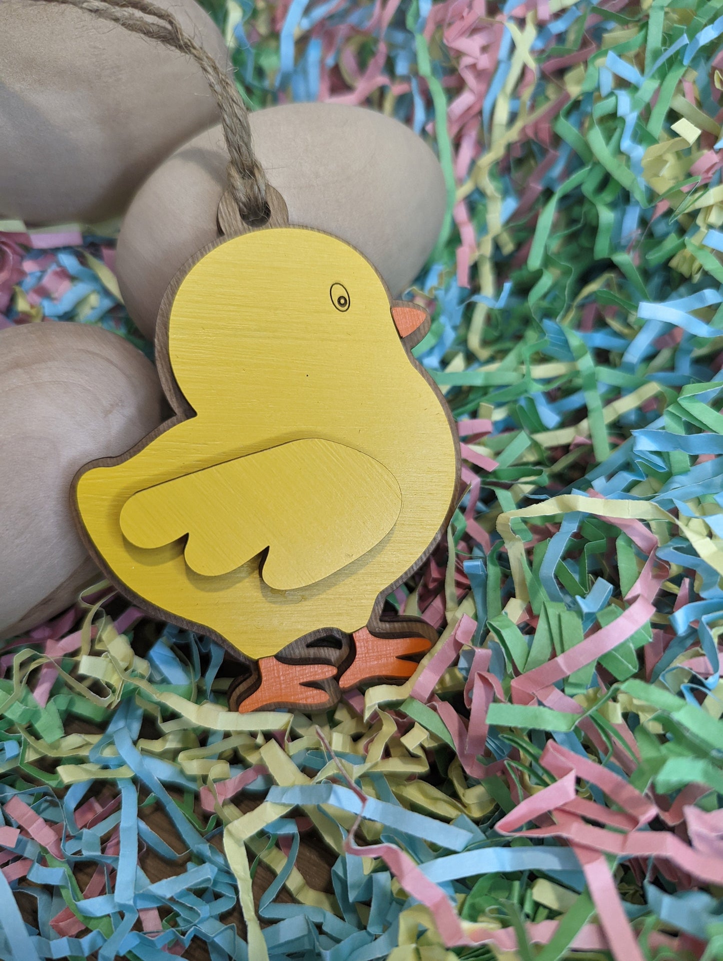 Baby Chick Easter basket tag, Wooden yellow chick, Personalize the wing with name and year