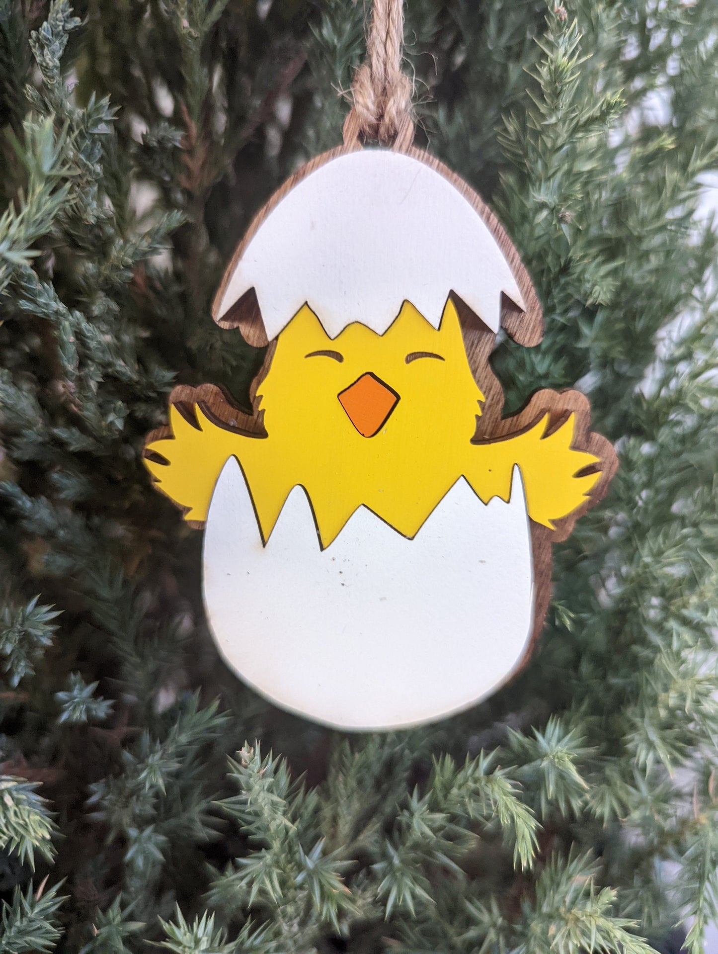 Baby Chick hatching Ornament, Wooden yellow chick, Personalize the shell with name and year