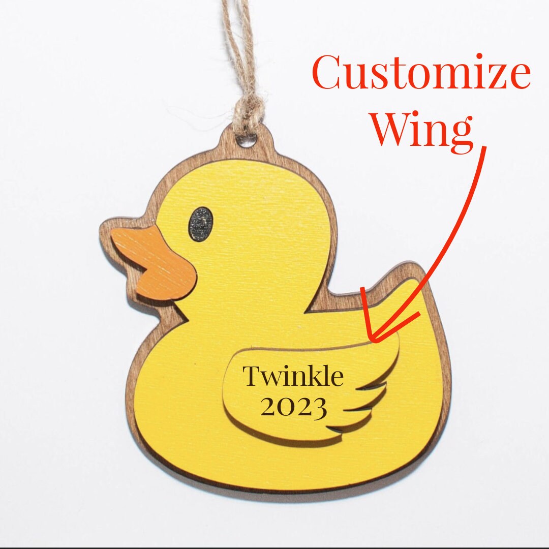 Yellow Duck Christmas Ornament, Personalized the wing with name and year