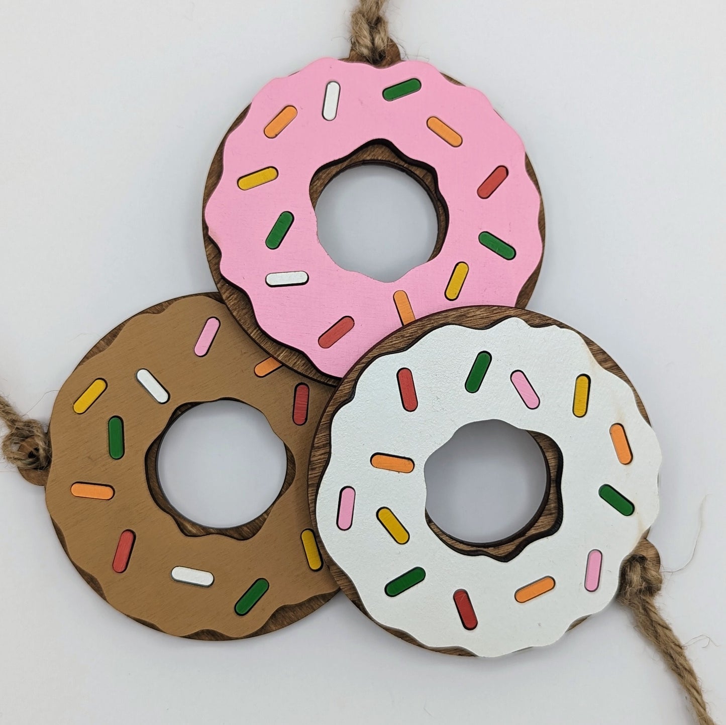 Donut Christmas Ornament, Chocolate Pink and White Donuts