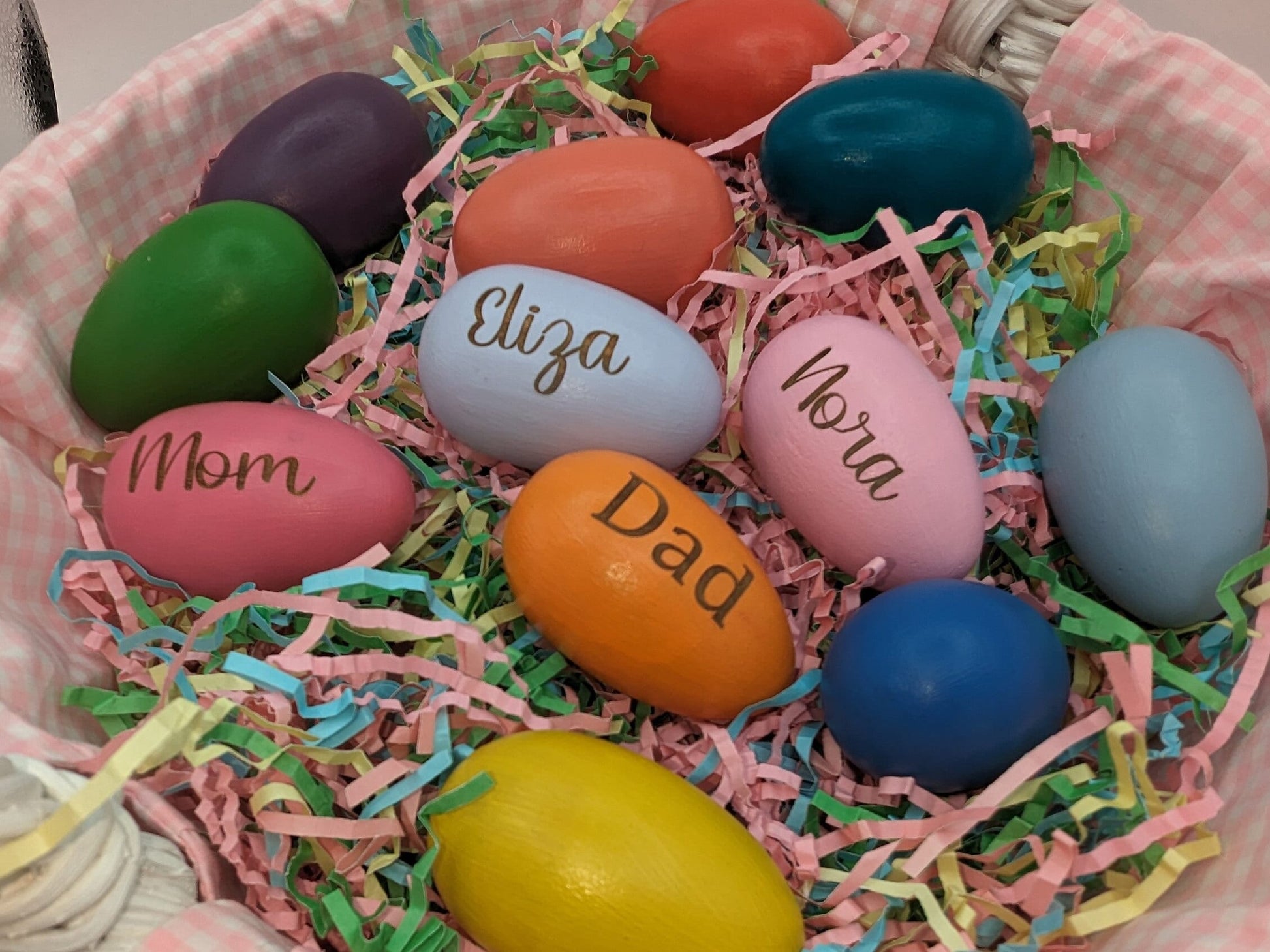 Personalized Wooden Engraved Easter Eggs in 12 colors, Print or script fonts choice of Easter Bunny, Chick, Flowers for kids or grandkids