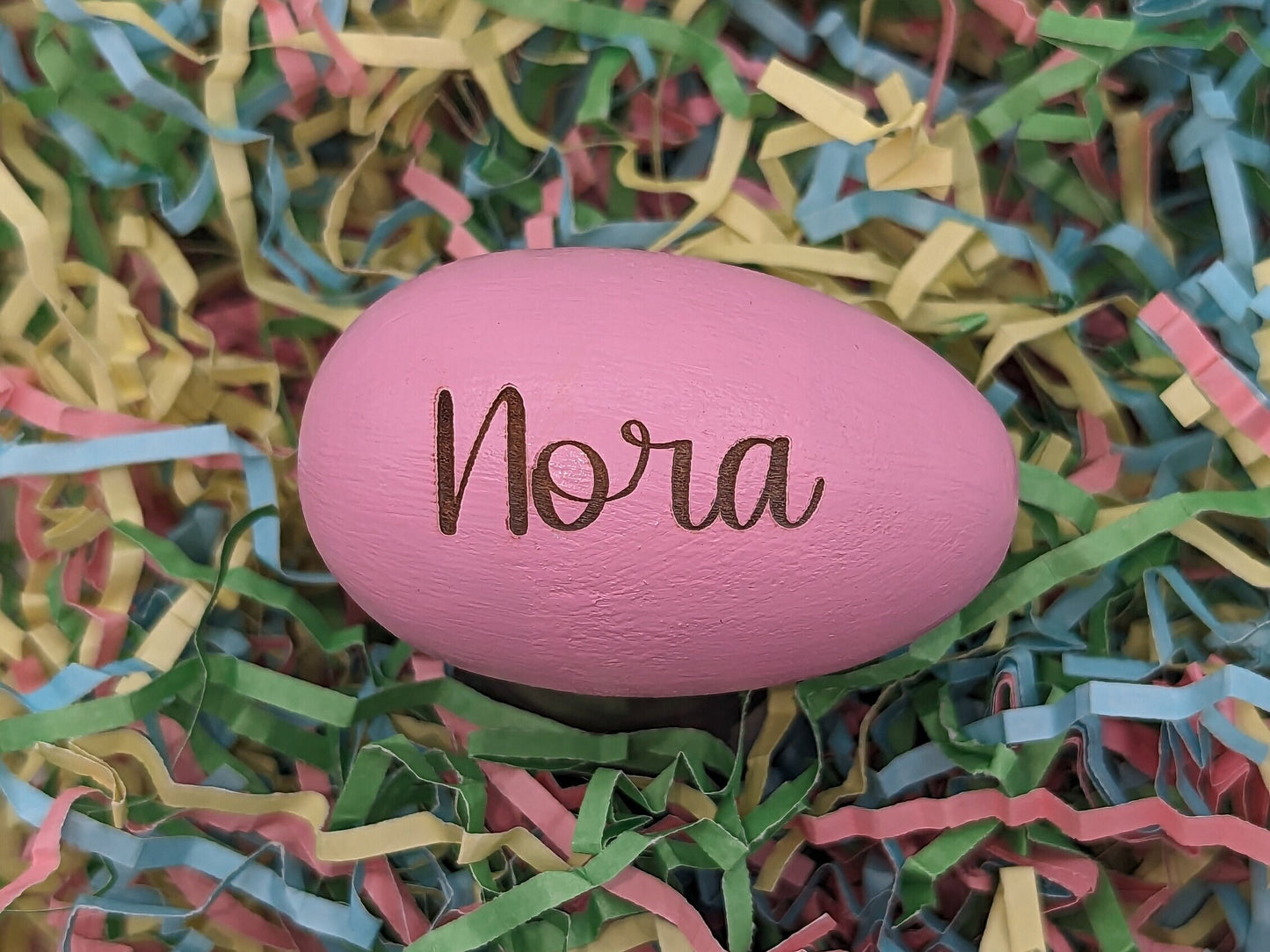 Personalized Wooden Engraved Easter Eggs in 12 colors, Print or script fonts choice of Easter Bunny, Chick, Flowers for kids or grandkids