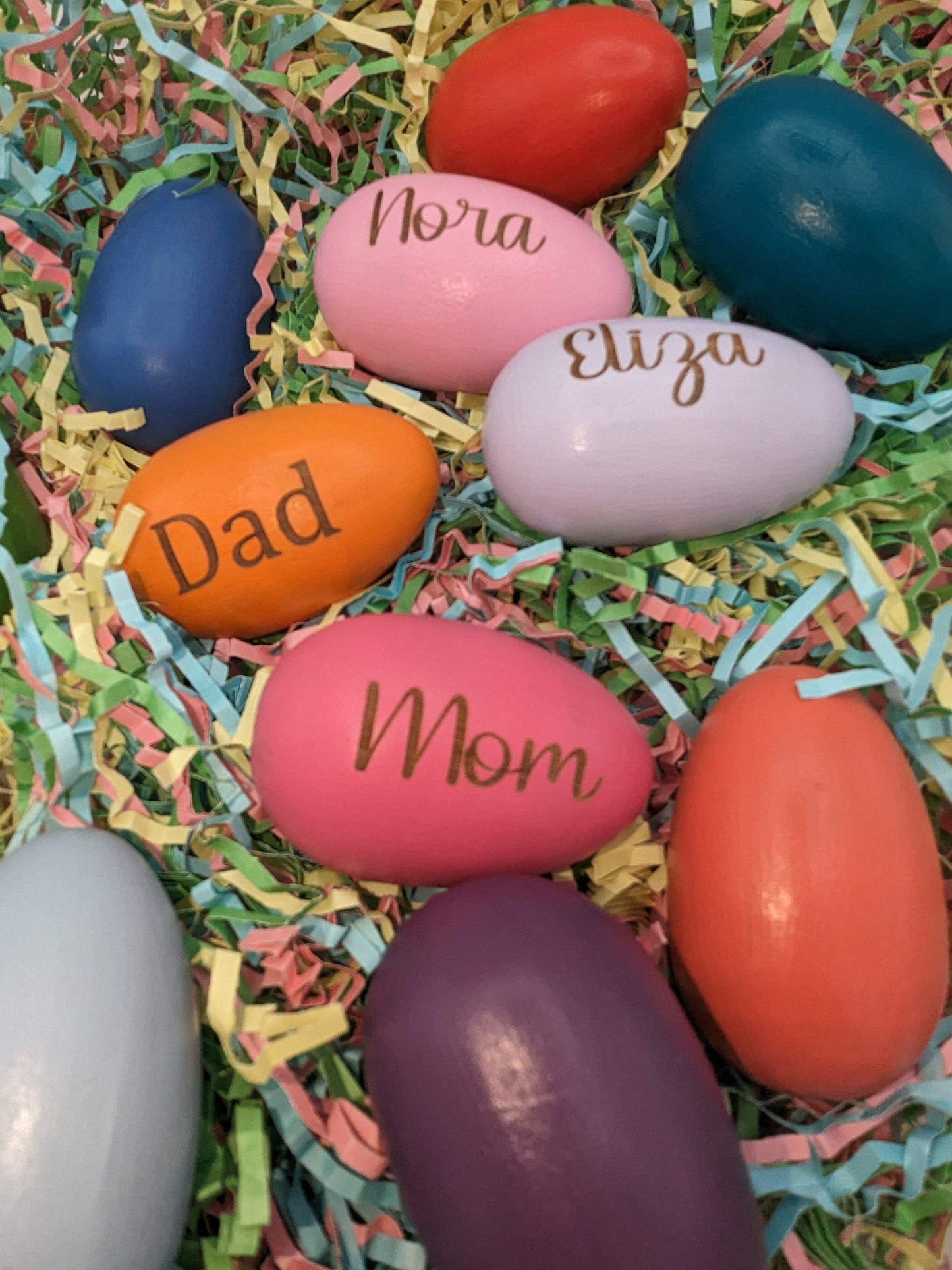 Personalized Wooden Engraved Easter Eggs in 12 colors, Print or script fonts choice of Easter Bunny, Chick, Flowers for kids or grandkids