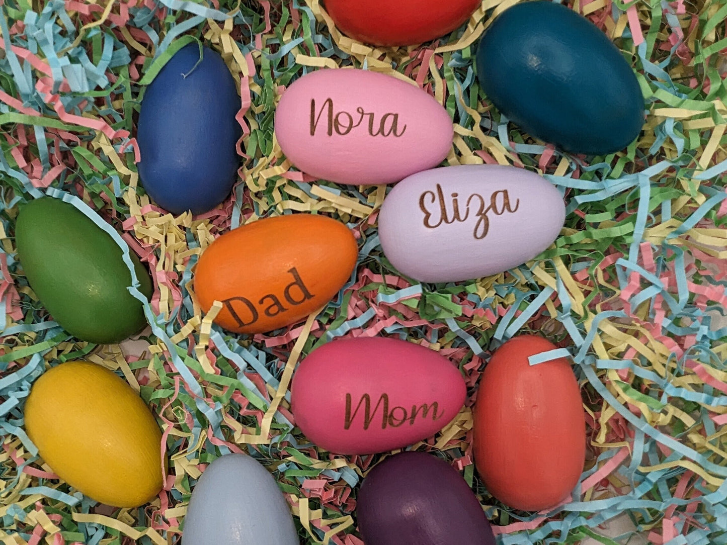 Personalized Wooden Engraved Easter Eggs in 12 colors, Print or script fonts choice of Easter Bunny, Chick, Flowers for kids or grandkids