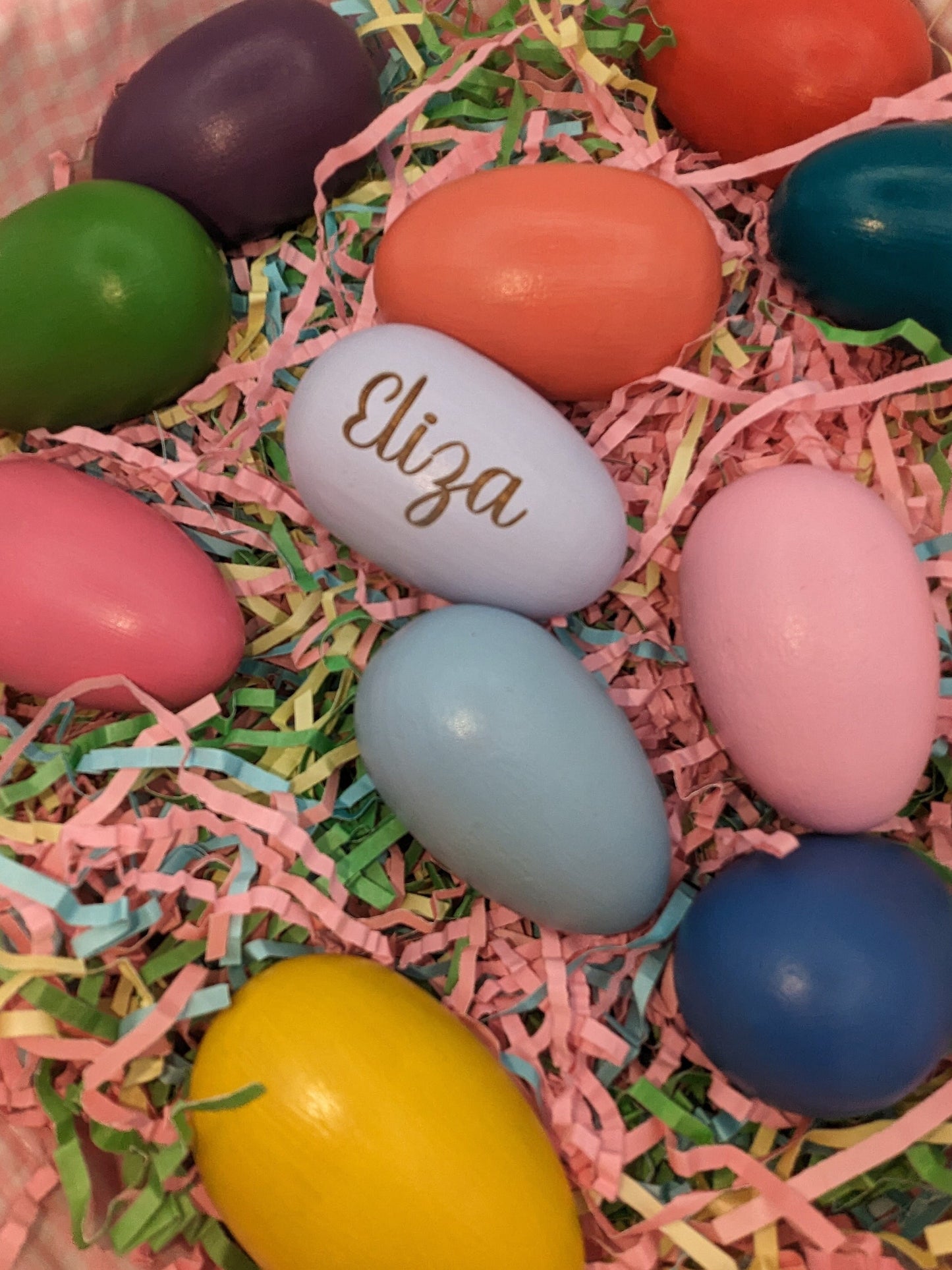 Personalized Wooden Engraved Easter Eggs in 12 colors, Print or script fonts choice of Easter Bunny, Chick, Flowers for kids or grandkids