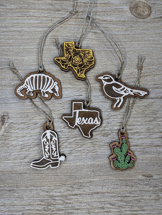 Little Texas Christmas Ornament Boot, Yellow Rose, Texas, Armadillo, Cactus and Mockingbird