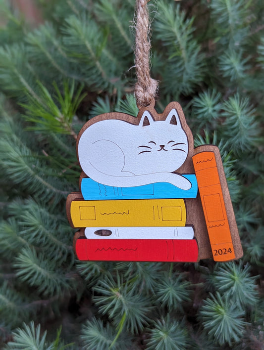 Cat and Books Christmas Ornament