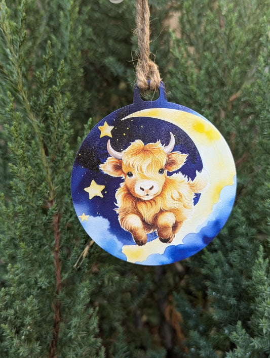 Highland Cow Jumping over the Moon Christmas Ornament